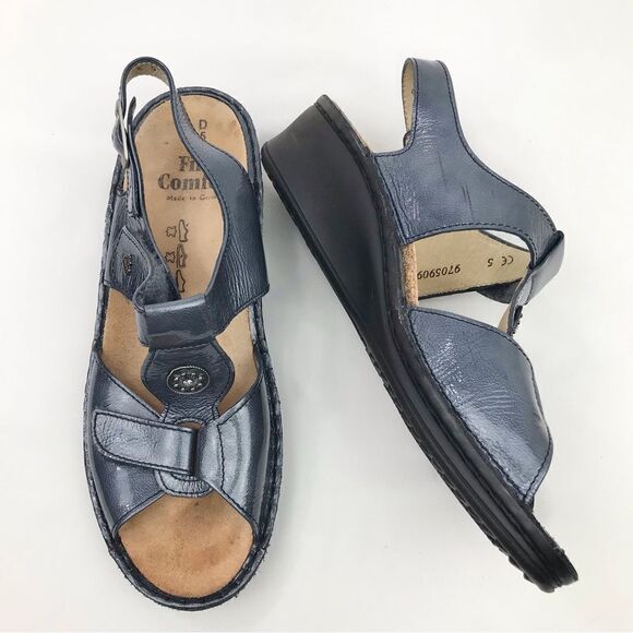 Finn Comfort ADANA Blue Patent Leather Open Toe Wedge Heel Support Sandals - Picture 1 of 14